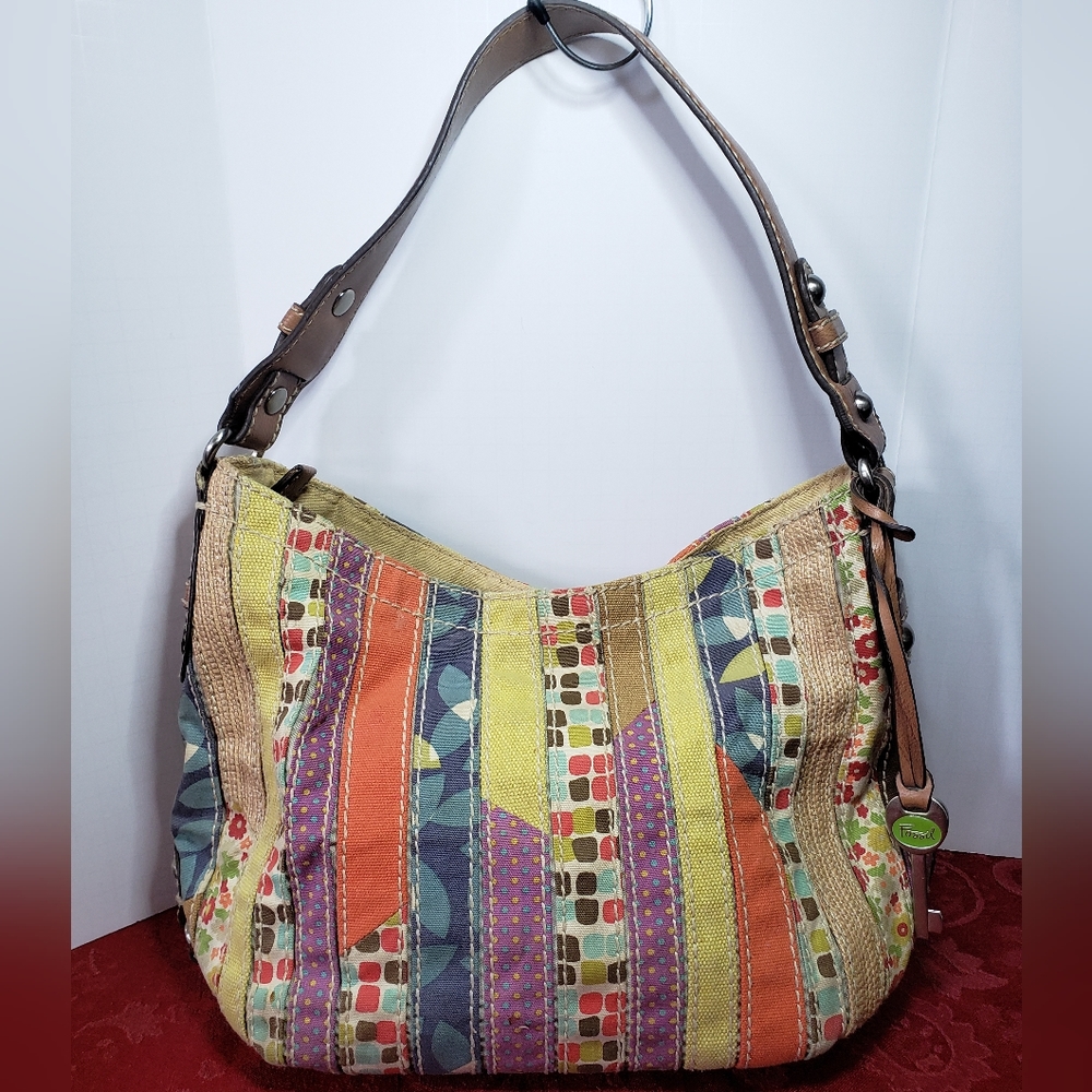 Fossil Leather Patchwork Fabric Handbag Shoulder Bag READ DESCRIPTION